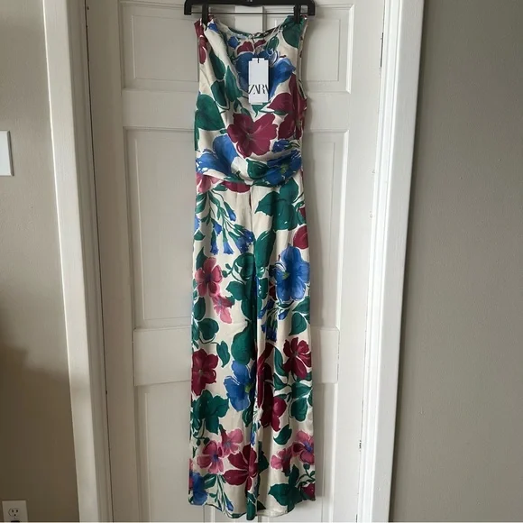Zara NWT floral satin jumpsuit dress XS